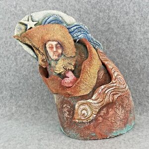 Woman Sculpture Folk Art Handmade Heart Clay Terracotta Artist Signed Multicolor